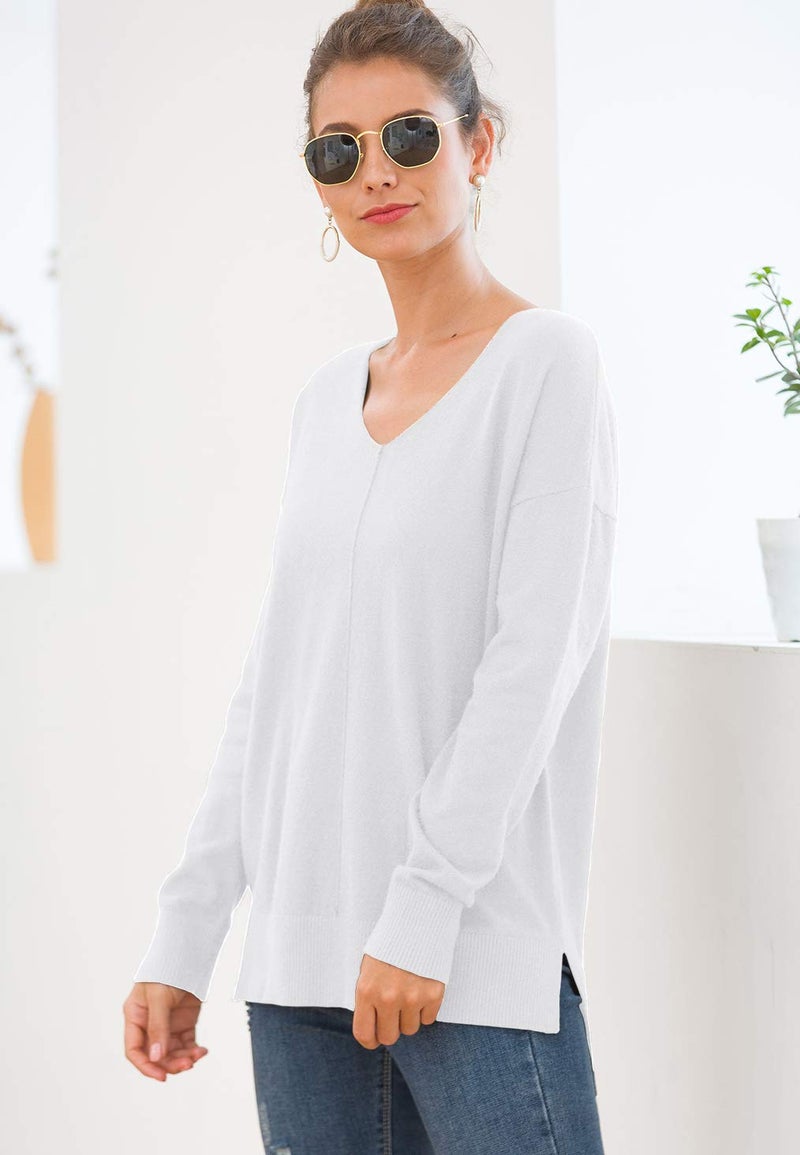Jouica Womens Loose V-Neck Pullover Sweater Top W/Slight Hi-Low,White,X-Large - Image 4